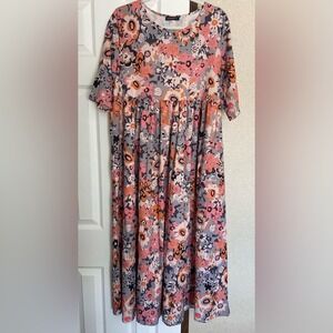 JustFashionNow Floral Maxi Dress Pink Orange Grey Empire Waist Pockets Size M